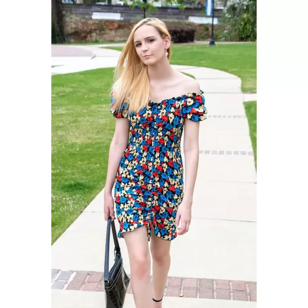 imagePRETTYGARDEN Womens Summer Off Shoulder Bodycon Dresses Short Sleeve Drawstring Sexy Mini Party Club Smocked DressBlack Blue
