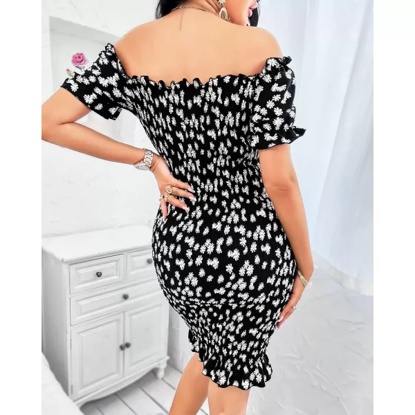imagePRETTYGARDEN Womens Summer Off Shoulder Bodycon Dresses Short Sleeve Drawstring Sexy Mini Party Club Smocked DressBlack White