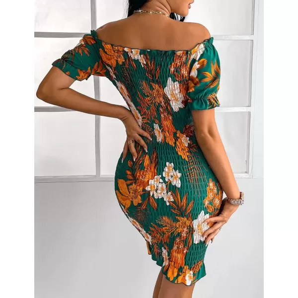 imagePRETTYGARDEN Womens Summer Off Shoulder Bodycon Dresses Short Sleeve Drawstring Sexy Mini Party Club Smocked DressDark Green