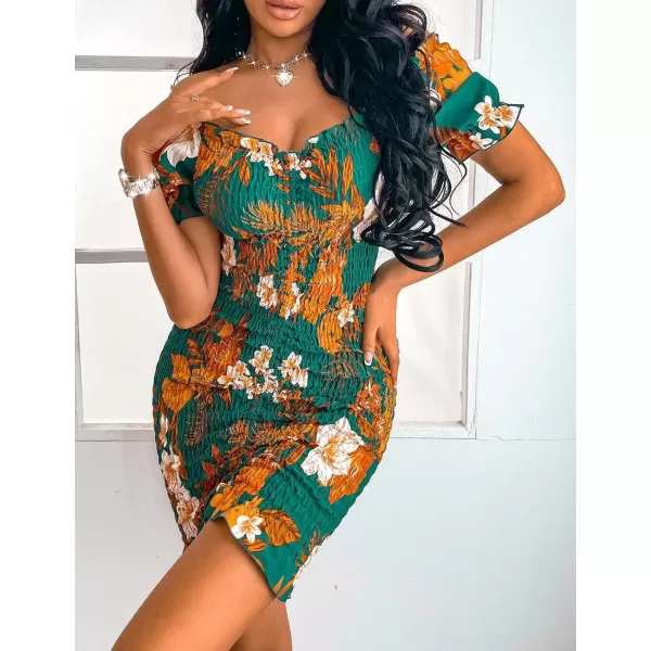 imagePRETTYGARDEN Womens Summer Off Shoulder Bodycon Dresses Short Sleeve Drawstring Sexy Mini Party Club Smocked DressDark Green
