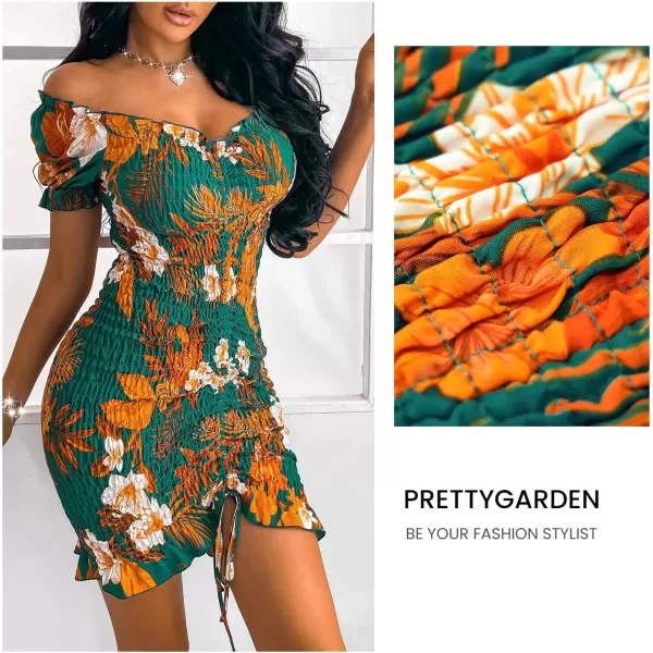 imagePRETTYGARDEN Womens Summer Off Shoulder Bodycon Dresses Short Sleeve Drawstring Sexy Mini Party Club Smocked DressDark Green