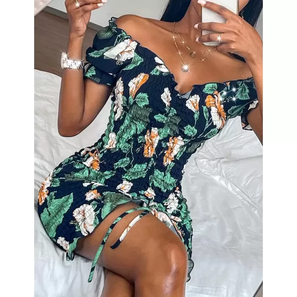 imagePRETTYGARDEN Womens Summer Off Shoulder Bodycon Dresses Short Sleeve Drawstring Sexy Mini Party Club Smocked DressNavy Green Leaf