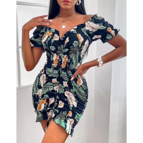 imagePRETTYGARDEN Womens Summer Off Shoulder Bodycon Dresses Short Sleeve Drawstring Sexy Mini Party Club Smocked DressNavy Green Leaf
