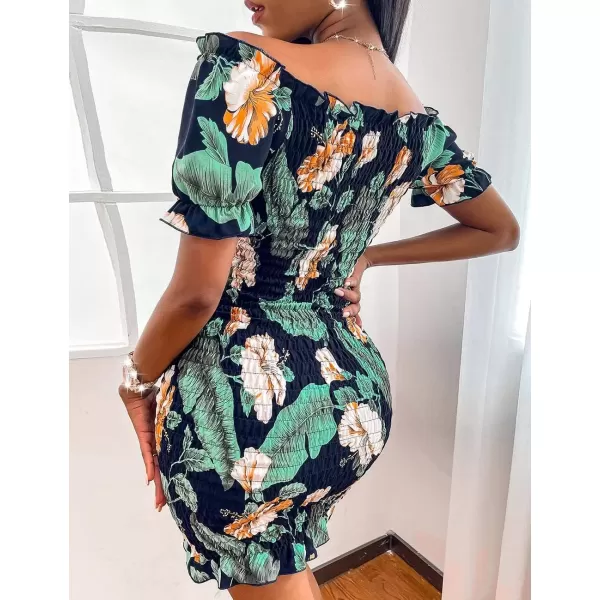 imagePRETTYGARDEN Womens Summer Off Shoulder Bodycon Dresses Short Sleeve Drawstring Sexy Mini Party Club Smocked DressNavy Green Leaf