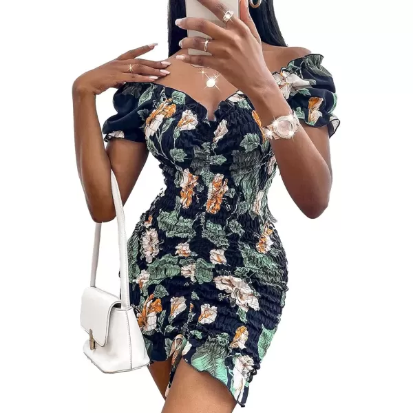 imagePRETTYGARDEN Womens Summer Off Shoulder Bodycon Dresses Short Sleeve Drawstring Sexy Mini Party Club Smocked DressNavy Green Leaf