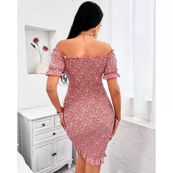 imagePRETTYGARDEN Womens Summer Off Shoulder Bodycon Dresses Short Sleeve Drawstring Sexy Mini Party Club Smocked DressPink