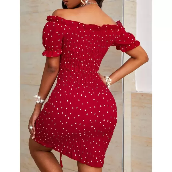 imagePRETTYGARDEN Womens Summer Off Shoulder Bodycon Dresses Short Sleeve Drawstring Sexy Mini Party Club Smocked DressRed