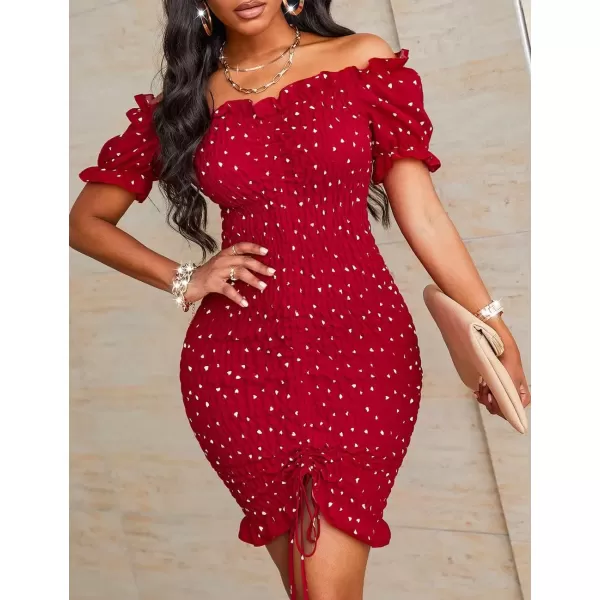 imagePRETTYGARDEN Womens Summer Off Shoulder Bodycon Dresses Short Sleeve Drawstring Sexy Mini Party Club Smocked DressRed