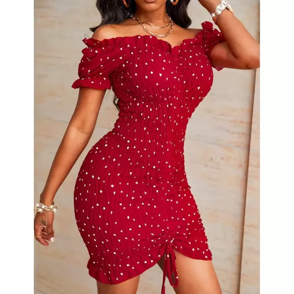 imagePRETTYGARDEN Womens Summer Off Shoulder Bodycon Dresses Short Sleeve Drawstring Sexy Mini Party Club Smocked DressRed