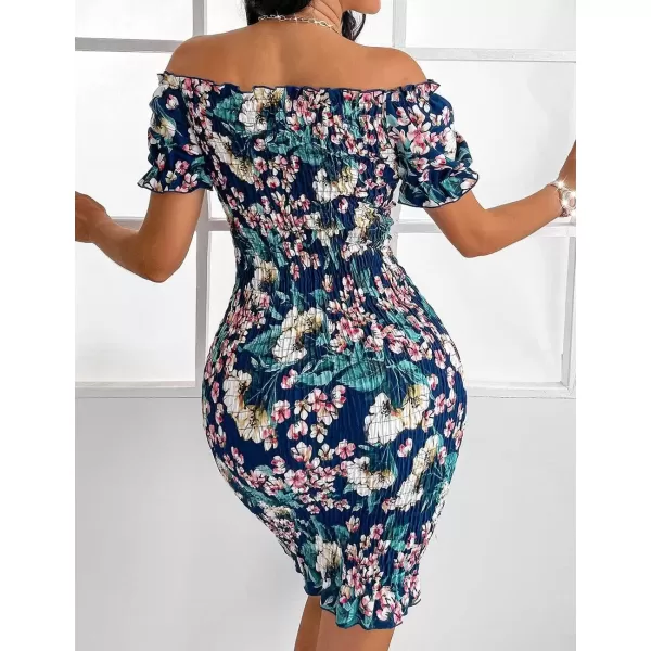 imagePRETTYGARDEN Womens Summer Off Shoulder Bodycon Dresses Short Sleeve Drawstring Sexy Mini Party Club Smocked DressRoyal Blue