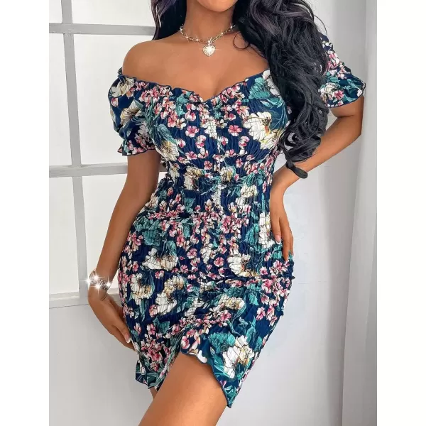 imagePRETTYGARDEN Womens Summer Off Shoulder Bodycon Dresses Short Sleeve Drawstring Sexy Mini Party Club Smocked DressRoyal Blue