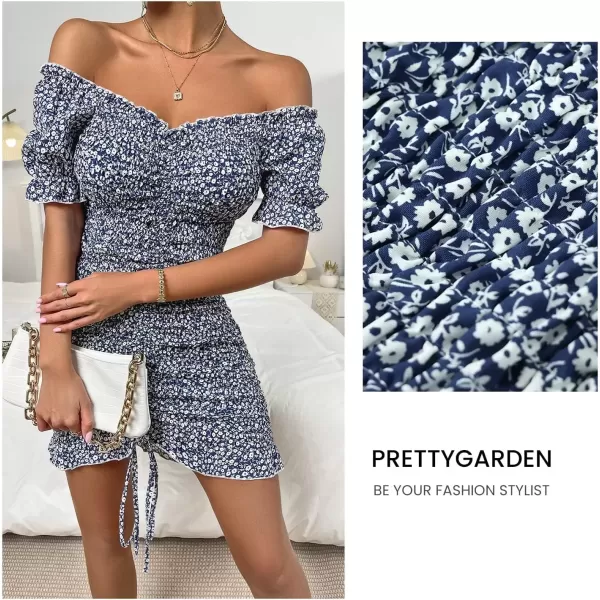 imagePRETTYGARDEN Womens Summer Off Shoulder Bodycon Dresses Short Sleeve Drawstring Sexy Mini Party Club Smocked DressRoyal Blue White Floral