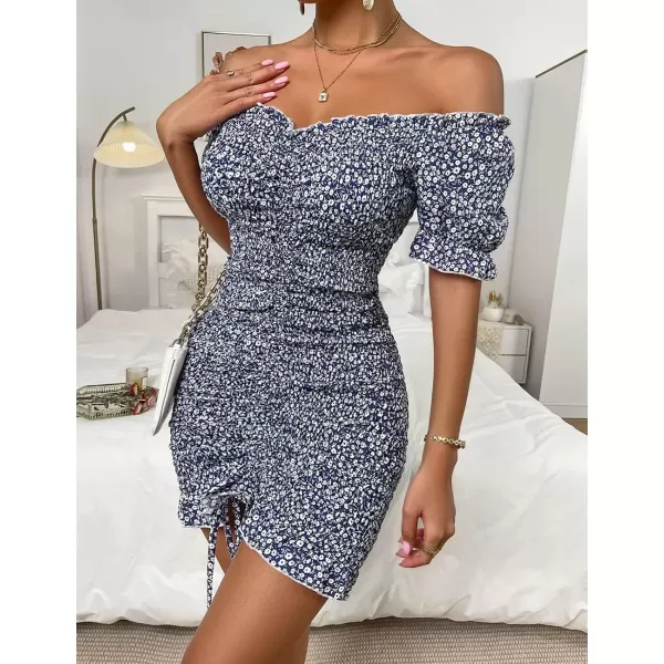 imagePRETTYGARDEN Womens Summer Off Shoulder Bodycon Dresses Short Sleeve Drawstring Sexy Mini Party Club Smocked DressRoyal Blue White Floral