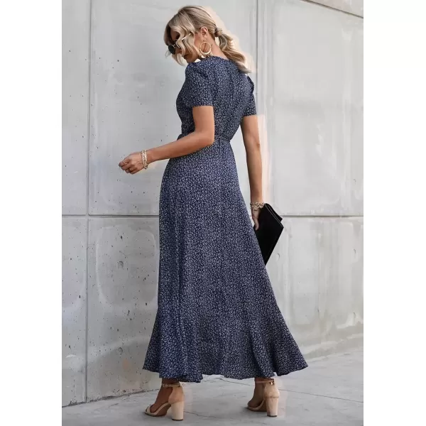 imagePRETTYGARDEN Womens Summer Wrap Maxi Dress Casual Boho Floral V Neck Short Sleeve Ruffle Hem Split Beach Long DressesBlueWhite