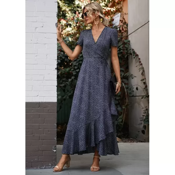 imagePRETTYGARDEN Womens Summer Wrap Maxi Dress Casual Boho Floral V Neck Short Sleeve Ruffle Hem Split Beach Long DressesBlueWhite