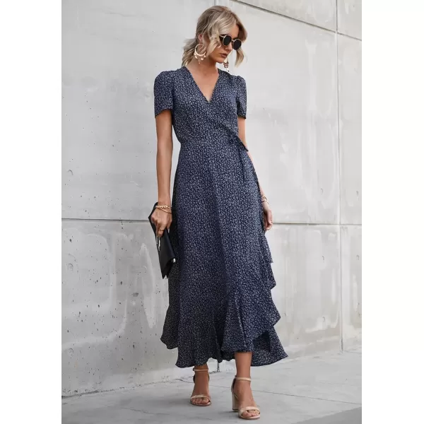 imagePRETTYGARDEN Womens Summer Wrap Maxi Dress Casual Boho Floral V Neck Short Sleeve Ruffle Hem Split Beach Long DressesBlueWhite