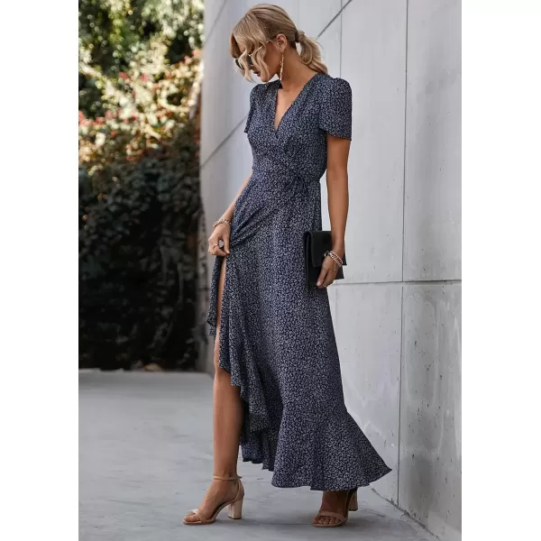 imagePRETTYGARDEN Womens Summer Wrap Maxi Dress Casual Boho Floral V Neck Short Sleeve Ruffle Hem Split Beach Long DressesBlueWhite