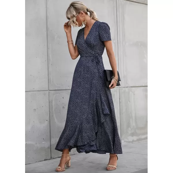 imagePRETTYGARDEN Womens Summer Wrap Maxi Dress Casual Boho Floral V Neck Short Sleeve Ruffle Hem Split Beach Long DressesBlueWhite
