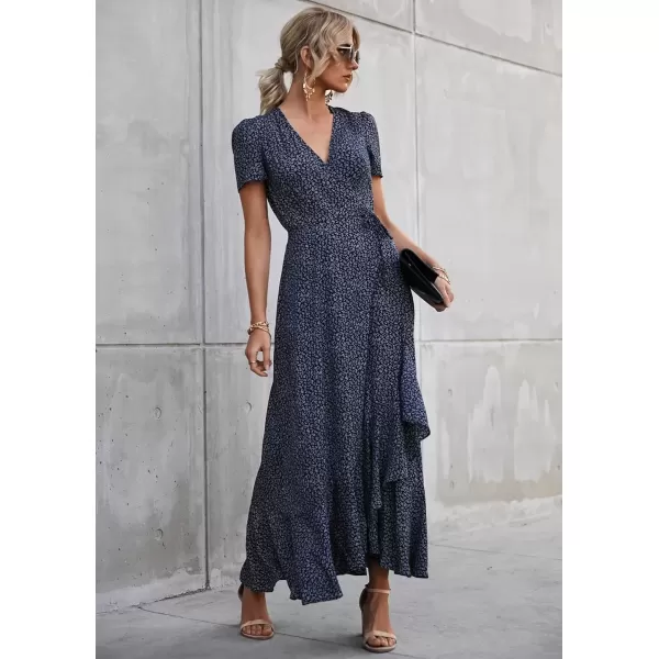 imagePRETTYGARDEN Womens Summer Wrap Maxi Dress Casual Boho Floral V Neck Short Sleeve Ruffle Hem Split Beach Long DressesBlueWhite