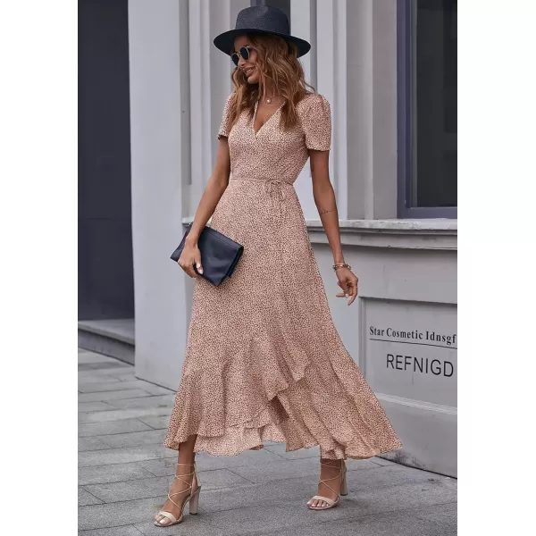 imagePRETTYGARDEN Womens Summer Wrap Maxi Dress Casual Boho Floral V Neck Short Sleeve Ruffle Hem Split Beach Long DressesBrown