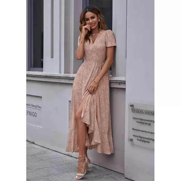 imagePRETTYGARDEN Womens Summer Wrap Maxi Dress Casual Boho Floral V Neck Short Sleeve Ruffle Hem Split Beach Long DressesBrown