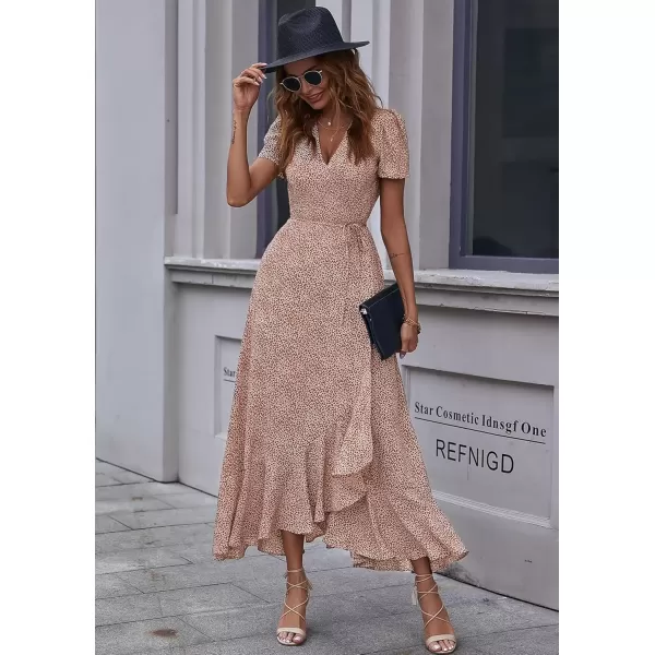 imagePRETTYGARDEN Womens Summer Wrap Maxi Dress Casual Boho Floral V Neck Short Sleeve Ruffle Hem Split Beach Long DressesBrown