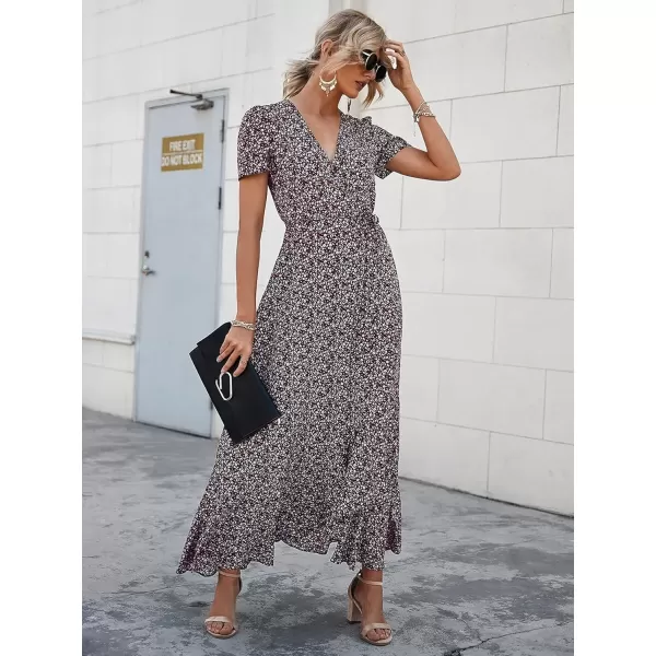 imagePRETTYGARDEN Womens Summer Wrap Maxi Dress Casual Boho Floral V Neck Short Sleeve Ruffle Hem Split Beach Long DressesCoffee