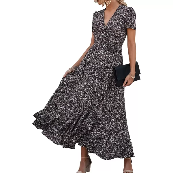 imagePRETTYGARDEN Womens Summer Wrap Maxi Dress Casual Boho Floral V Neck Short Sleeve Ruffle Hem Split Beach Long DressesCoffee