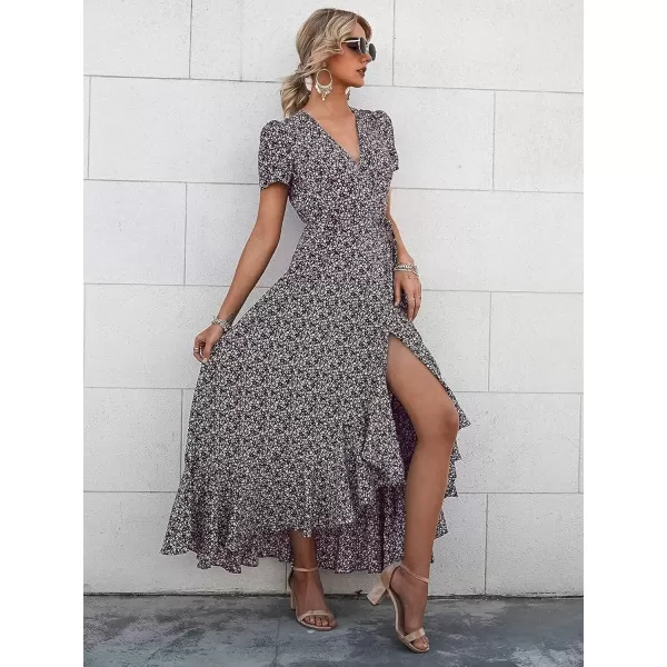 imagePRETTYGARDEN Womens Summer Wrap Maxi Dress Casual Boho Floral V Neck Short Sleeve Ruffle Hem Split Beach Long DressesCoffee