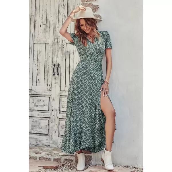 imagePRETTYGARDEN Womens Summer Wrap Maxi Dress Casual Boho Floral V Neck Short Sleeve Ruffle Hem Split Beach Long DressesDark Green Floral