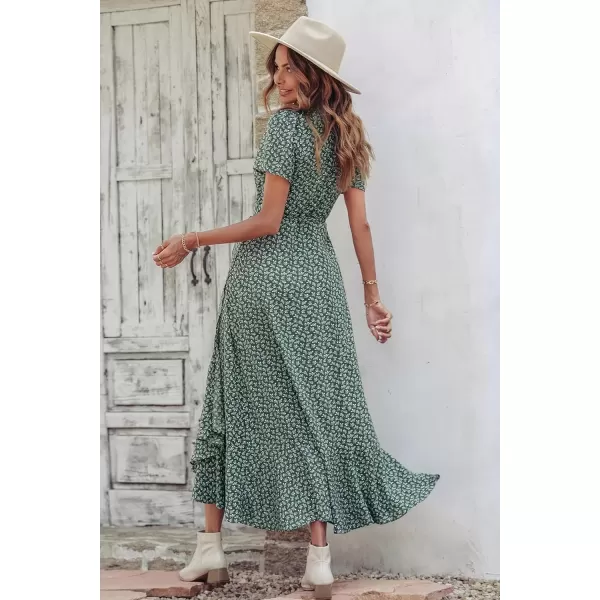 imagePRETTYGARDEN Womens Summer Wrap Maxi Dress Casual Boho Floral V Neck Short Sleeve Ruffle Hem Split Beach Long DressesDark Green Floral