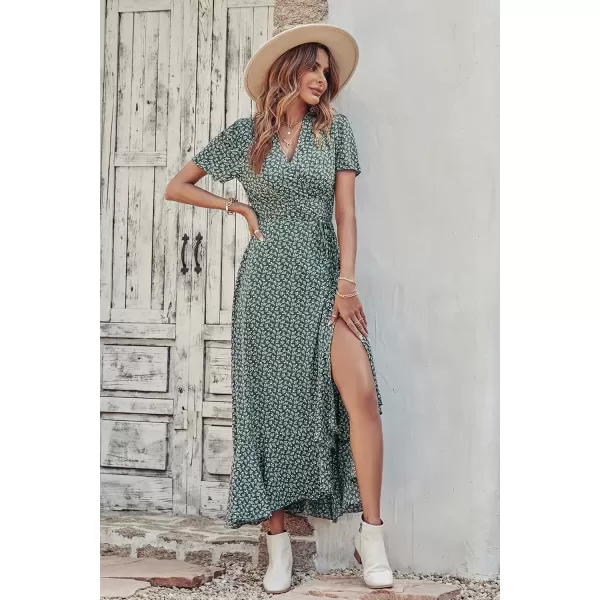 imagePRETTYGARDEN Womens Summer Wrap Maxi Dress Casual Boho Floral V Neck Short Sleeve Ruffle Hem Split Beach Long DressesDark Green Floral
