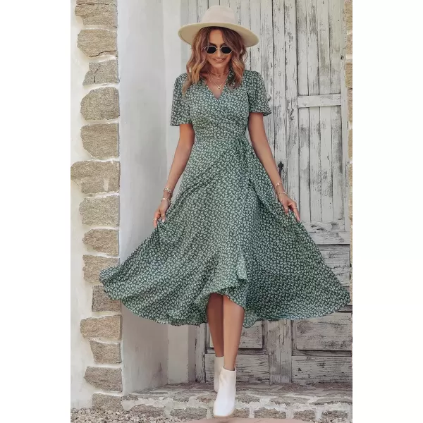 imagePRETTYGARDEN Womens Summer Wrap Maxi Dress Casual Boho Floral V Neck Short Sleeve Ruffle Hem Split Beach Long DressesDark Green Floral