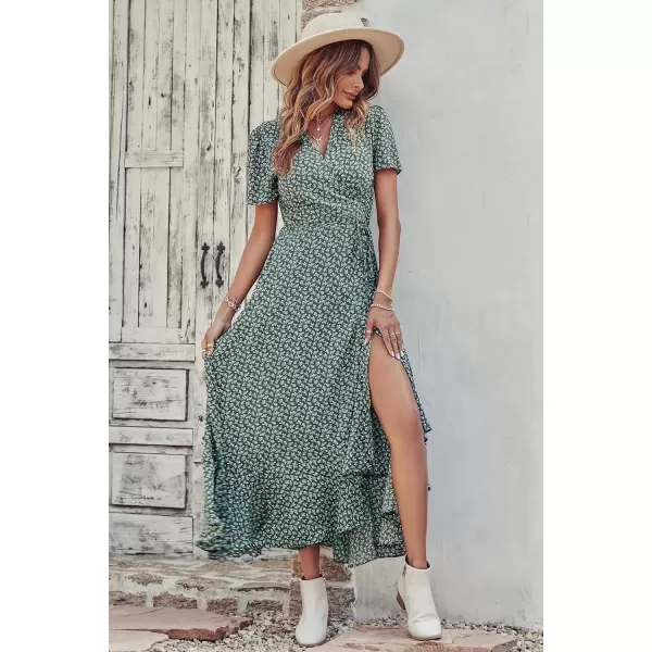 imagePRETTYGARDEN Womens Summer Wrap Maxi Dress Casual Boho Floral V Neck Short Sleeve Ruffle Hem Split Beach Long DressesDark Green Floral