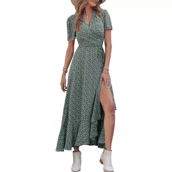 imagePRETTYGARDEN Womens Summer Wrap Maxi Dress Casual Boho Floral V Neck Short Sleeve Ruffle Hem Split Beach Long DressesDark Green Floral