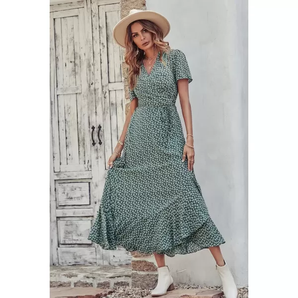 imagePRETTYGARDEN Womens Summer Wrap Maxi Dress Casual Boho Floral V Neck Short Sleeve Ruffle Hem Split Beach Long DressesDark Green Floral