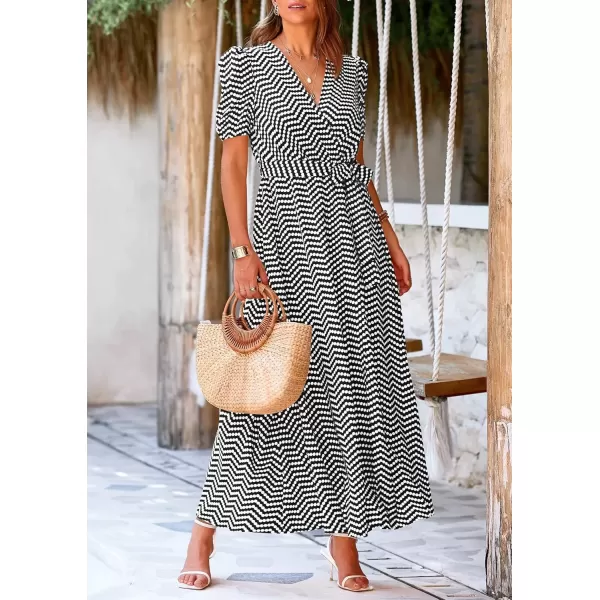 imagePRETTYGARDEN Womens Summer Wrap Maxi Dress Casual Boho Floral V Neck Short Sleeve Ruffle Hem Split Beach Long DressesDot Black White
