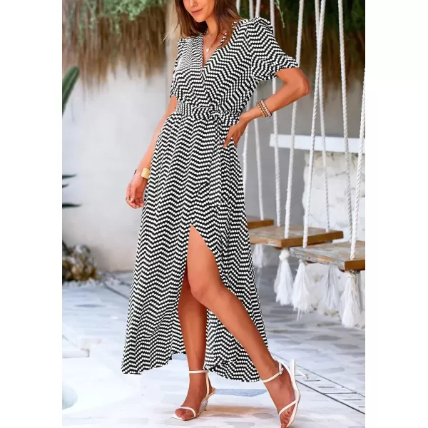 imagePRETTYGARDEN Womens Summer Wrap Maxi Dress Casual Boho Floral V Neck Short Sleeve Ruffle Hem Split Beach Long DressesDot Black White
