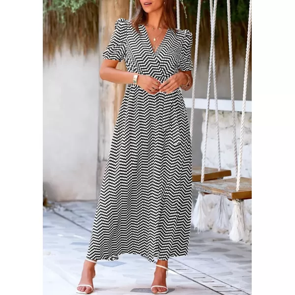 imagePRETTYGARDEN Womens Summer Wrap Maxi Dress Casual Boho Floral V Neck Short Sleeve Ruffle Hem Split Beach Long DressesDot Black White