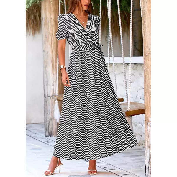 imagePRETTYGARDEN Womens Summer Wrap Maxi Dress Casual Boho Floral V Neck Short Sleeve Ruffle Hem Split Beach Long DressesDot Black White