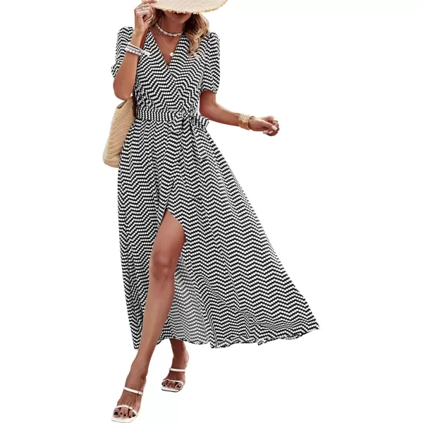 imagePRETTYGARDEN Womens Summer Wrap Maxi Dress Casual Boho Floral V Neck Short Sleeve Ruffle Hem Split Beach Long DressesDot Black White