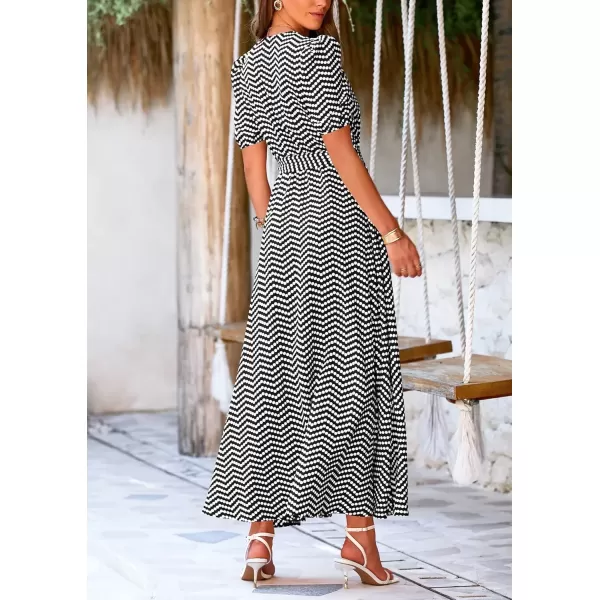 imagePRETTYGARDEN Womens Summer Wrap Maxi Dress Casual Boho Floral V Neck Short Sleeve Ruffle Hem Split Beach Long DressesDot Black White