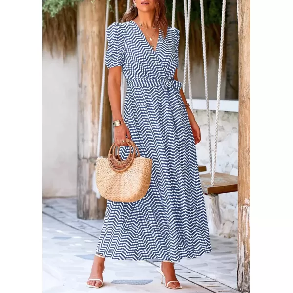 imagePRETTYGARDEN Womens Summer Wrap Maxi Dress Casual Boho Floral V Neck Short Sleeve Ruffle Hem Split Beach Long DressesDot Blue White
