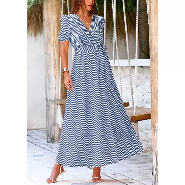 imagePRETTYGARDEN Womens Summer Wrap Maxi Dress Casual Boho Floral V Neck Short Sleeve Ruffle Hem Split Beach Long DressesDot Blue White