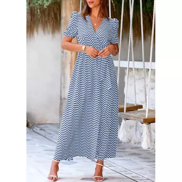 imagePRETTYGARDEN Womens Summer Wrap Maxi Dress Casual Boho Floral V Neck Short Sleeve Ruffle Hem Split Beach Long DressesDot Blue White