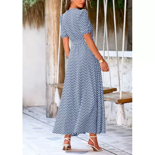 imagePRETTYGARDEN Womens Summer Wrap Maxi Dress Casual Boho Floral V Neck Short Sleeve Ruffle Hem Split Beach Long DressesDot Blue White