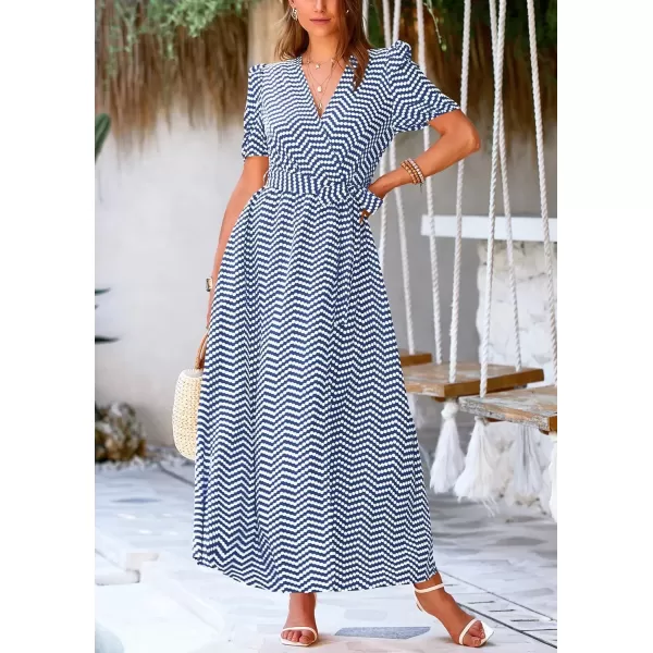 imagePRETTYGARDEN Womens Summer Wrap Maxi Dress Casual Boho Floral V Neck Short Sleeve Ruffle Hem Split Beach Long DressesDot Blue White