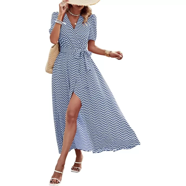 imagePRETTYGARDEN Womens Summer Wrap Maxi Dress Casual Boho Floral V Neck Short Sleeve Ruffle Hem Split Beach Long DressesDot Blue White
