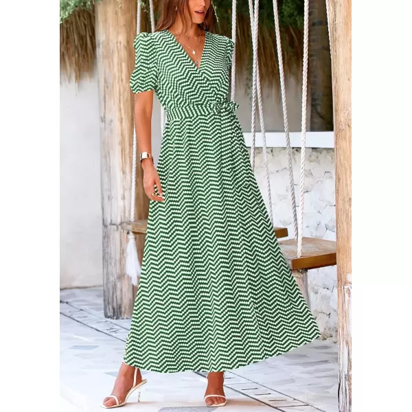 imagePRETTYGARDEN Womens Summer Wrap Maxi Dress Casual Boho Floral V Neck Short Sleeve Ruffle Hem Split Beach Long DressesDot Green White