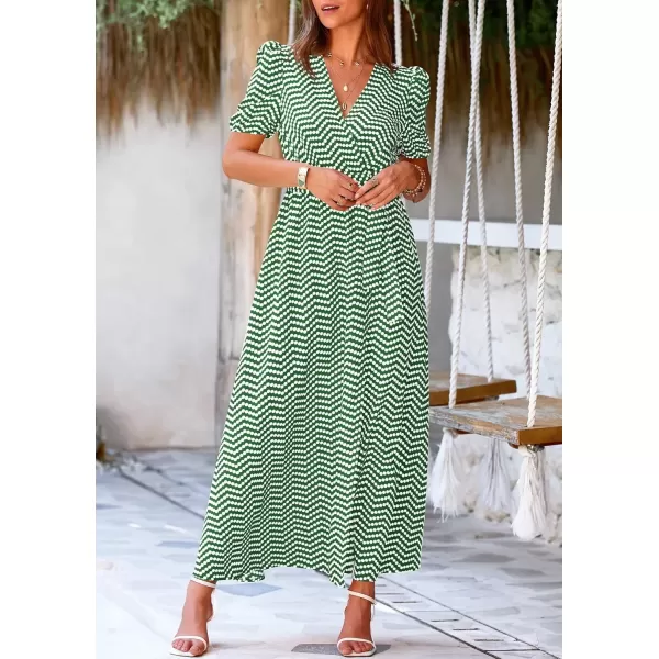 imagePRETTYGARDEN Womens Summer Wrap Maxi Dress Casual Boho Floral V Neck Short Sleeve Ruffle Hem Split Beach Long DressesDot Green White